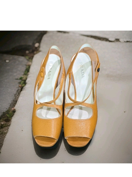 Prada Shoes - Prada Mustard Yellow Leather Slingback Peep-Toe Heels
